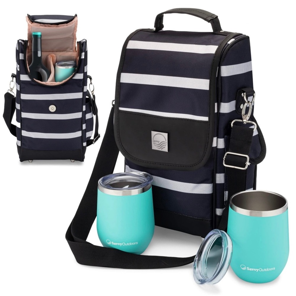 Savvy Outdoors Insulated Wine Tote Bag Navy White Stripe with 2‎ Teal Tumblers